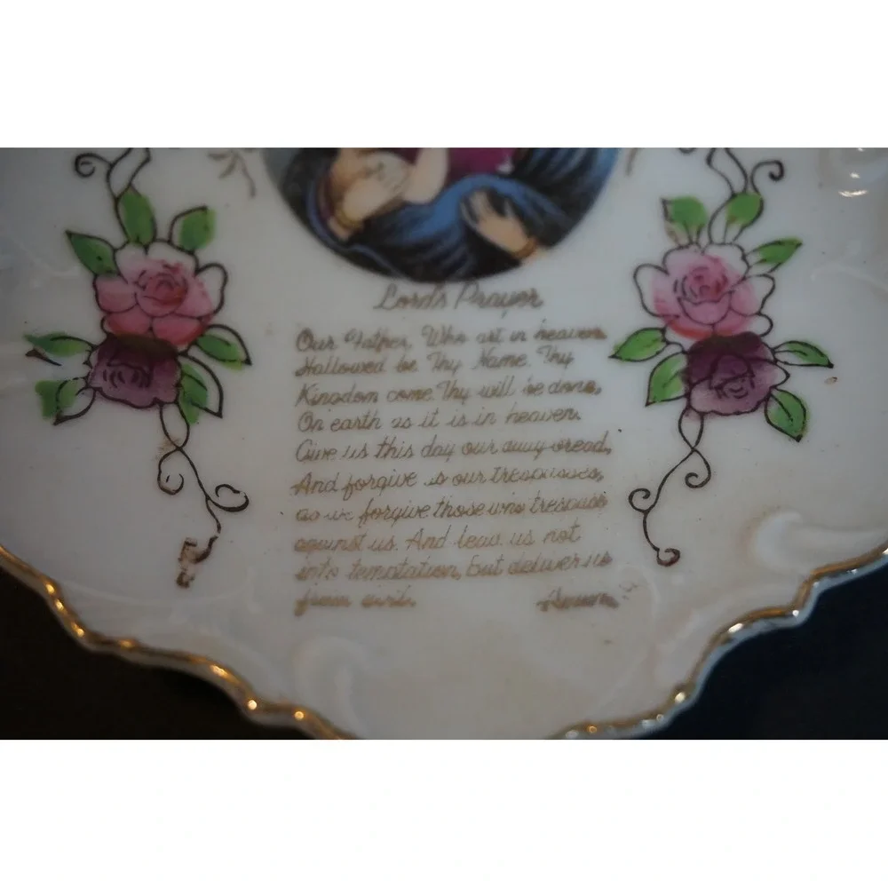 Vintage Empress Mary & Baby Jesus Lords Prayer Trinket Dish Gold Rim Porcelain